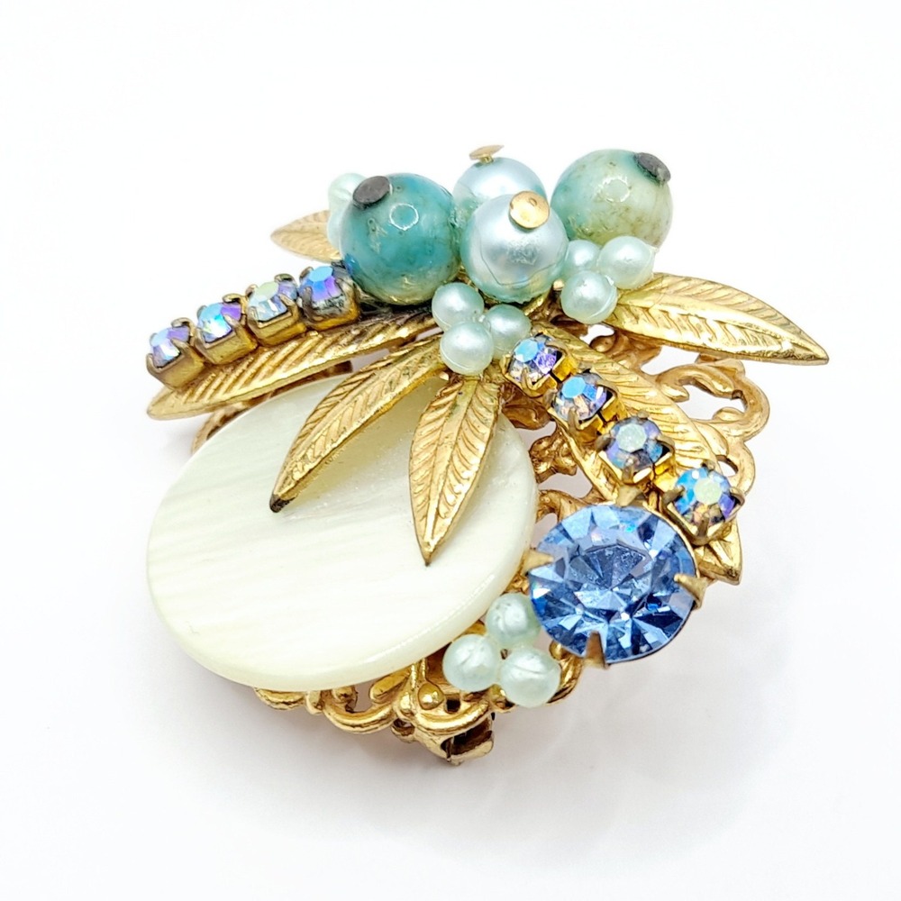 Vintage Blue Rhinestone Brooch Beads Mother of Pearl Disc Layered Leaf Cluster - Picture 6 of 11